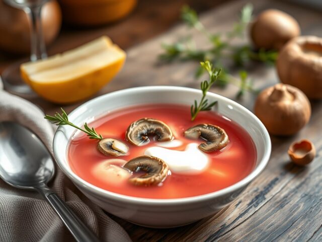 Roze consommé van Parijse champignons — AI-gegenereerde illustratie