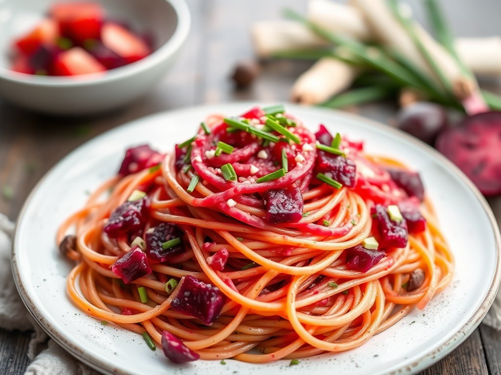Roze spaghettisalade met romanescokool, AI-gegenereerde illustratie