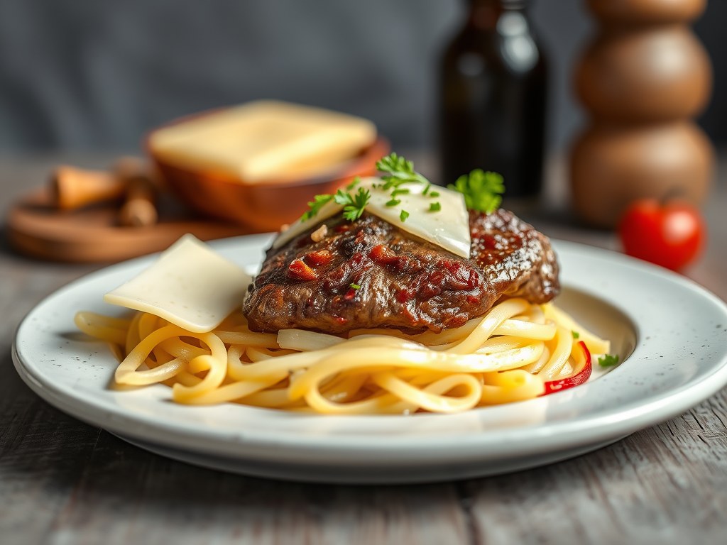Rumsteak met witloof en kaas, AI-gegenereerde illustratie