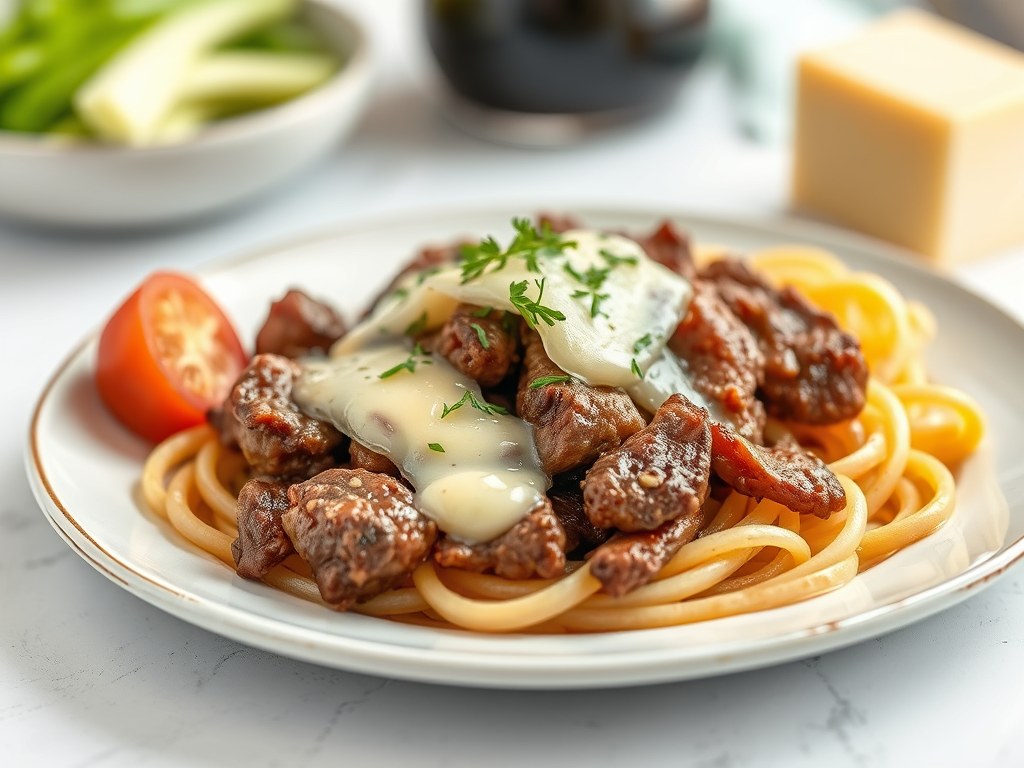 Rumsteak met witloof en kaas, AI-gegenereerde illustratie