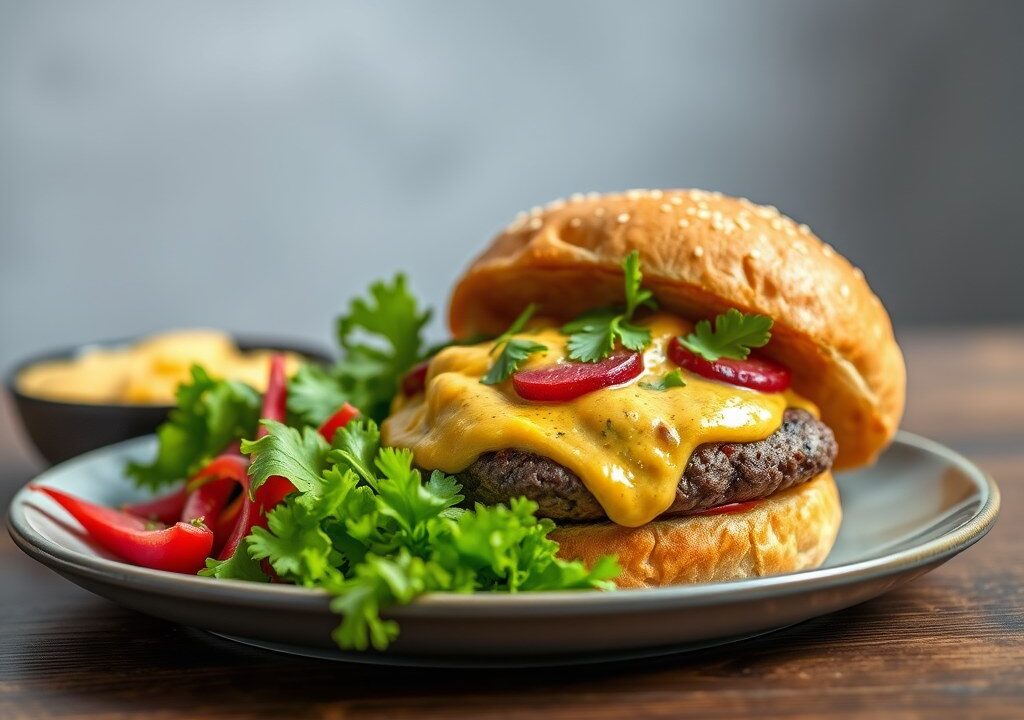 Rundburger, biet en raap met zachte currysaus — AI-gegenereerde illustratie