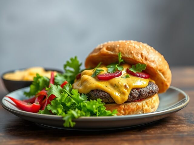 Rundburger, biet en raap met zachte currysaus — AI-gegenereerde illustratie
