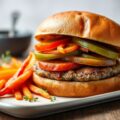 Rundburgers met gebakken paprika, abdijkaas, wortelreepjes