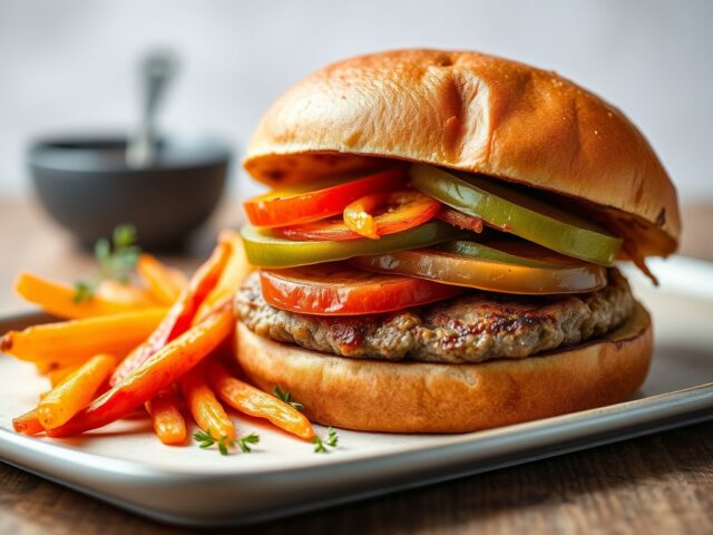 Rundburgers met gebakken paprika, abdijkaas, wortelreepjes — AI-gegenereerde illustratie