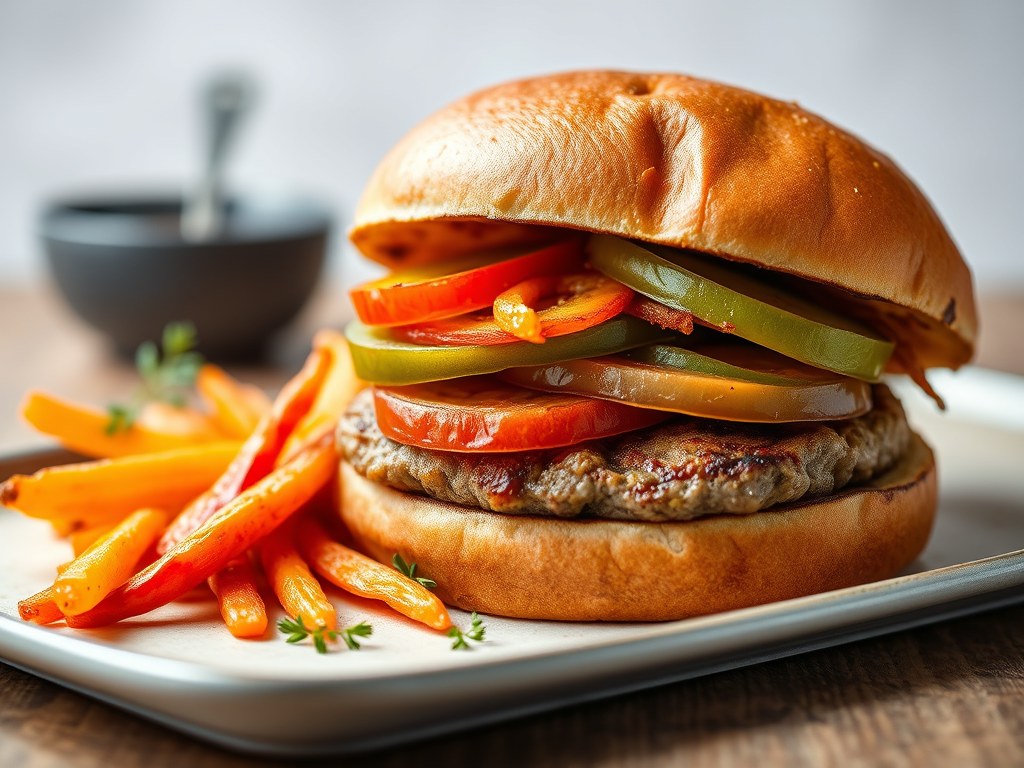 Rundburgers met gebakken paprika, abdijkaas, wortelreepjes, AI-gegenereerde illustratie