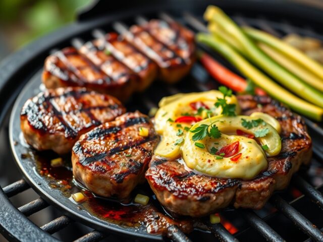 Rundersteaks met Aardappelperengalette en een fantasie van Mais en Avocado — AI-gegenereerde illustratie