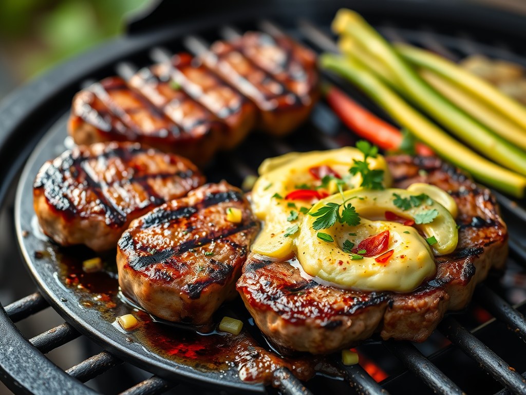 Rundersteaks met Aardappelperengalette en een fantasie van Mais en Avocado, AI-gegenereerde illustratie