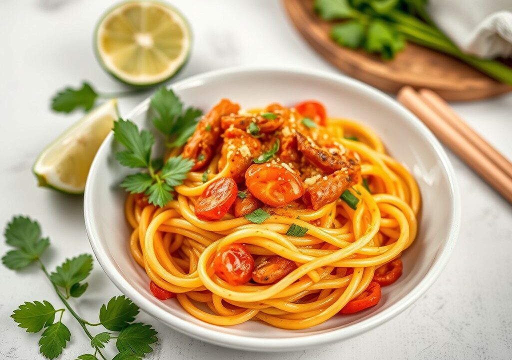 Runderstoof met Thaise rode curry-pasta — AI-gegenereerde illustratie