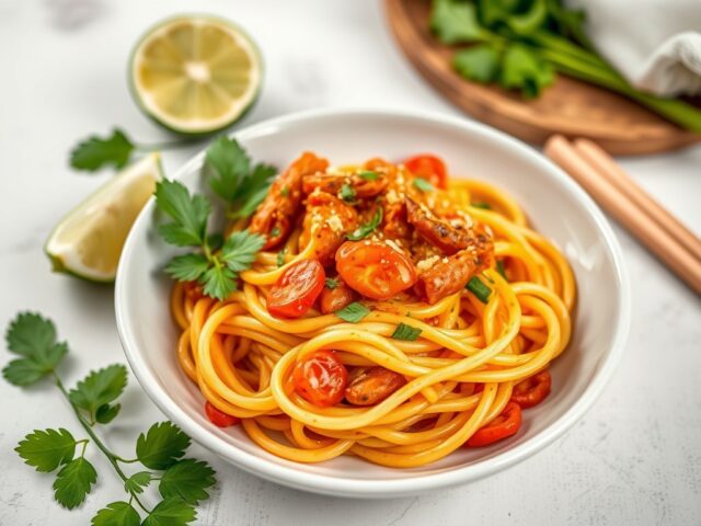 Runderstoof met Thaise rode curry-pasta — AI-gegenereerde illustratie