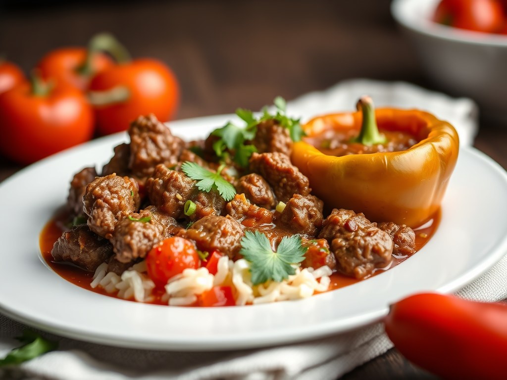 Runderstoofpotje met paprika, AI-gegenereerde illustratie