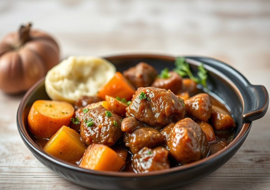 Runderstoofschotel uit de slowcooker — AI-gegenereerde illustratie