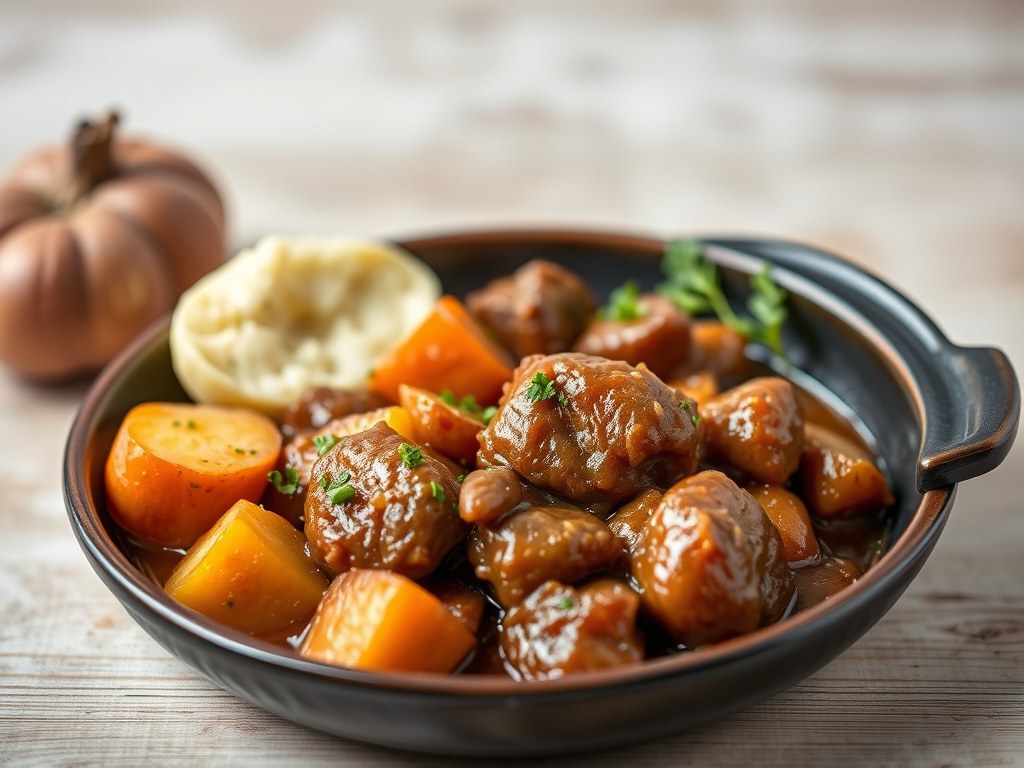 Runderstoofschotel uit de slowcooker, AI-gegenereerde illustratie