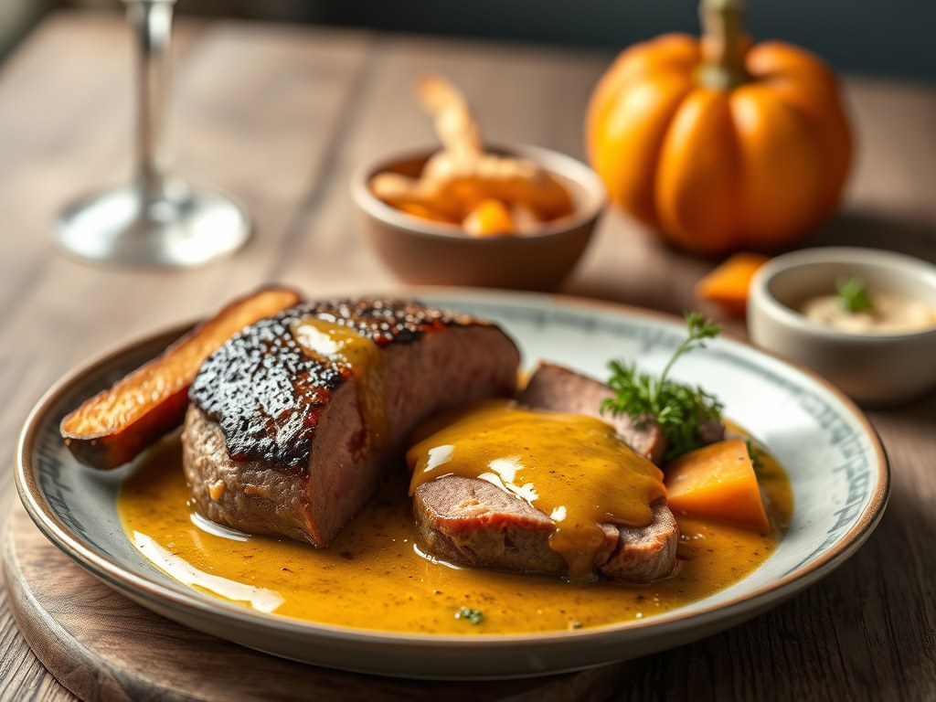 Rundsfilet met truffelsaus en zalf van pompoen, AI-gegenereerde illustratie
