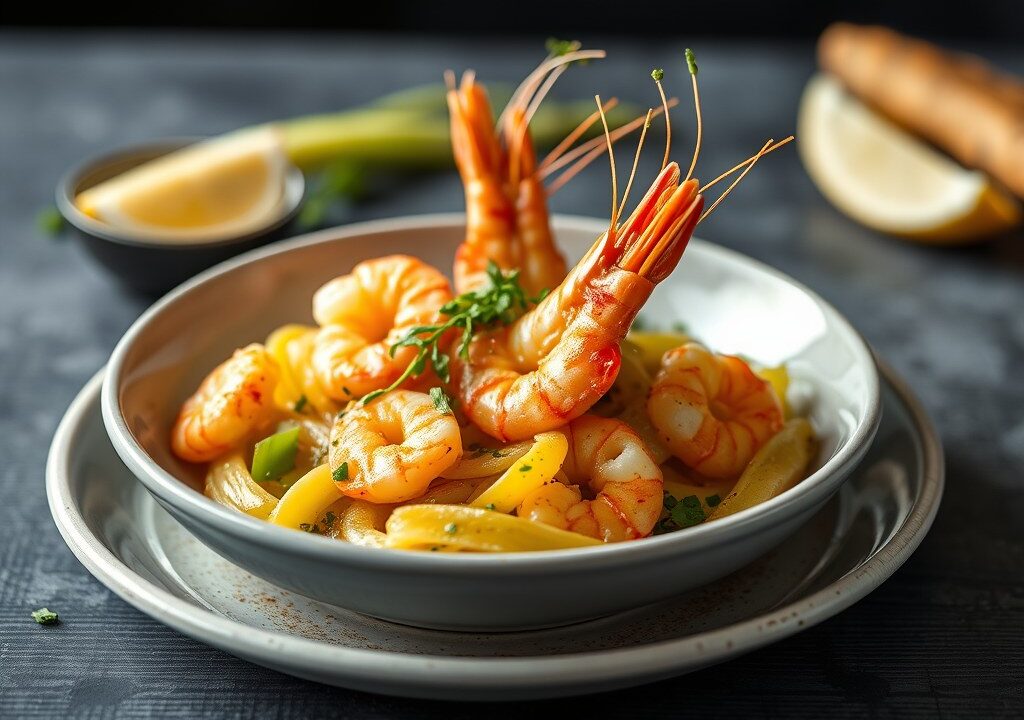 Saffraanrijst met scampi en inktvis — AI-gegenereerde illustratie