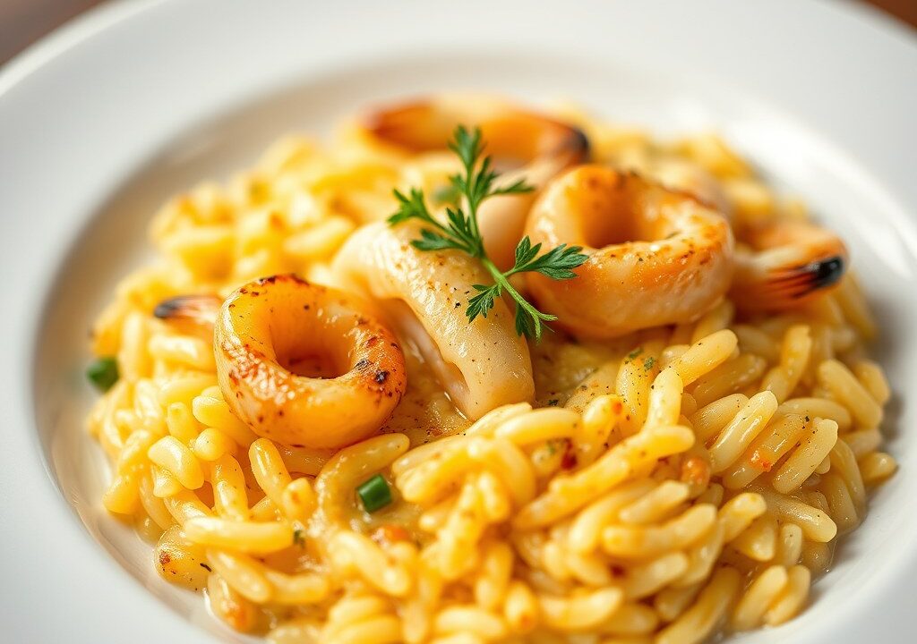 Saffraanrisotto met ’n mergpijpje, AI-gegenereerde illustratie