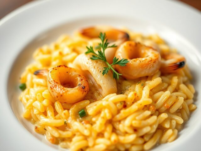 Saffraanrisotto met ’n mergpijpje — AI-gegenereerde illustratie