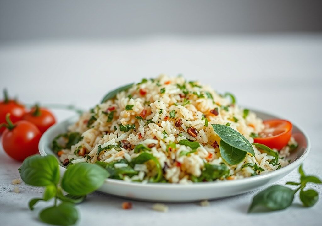 Salade met 3 soorten rijst, munt, basilicum en abrikozen, AI-gegenereerde illustratie