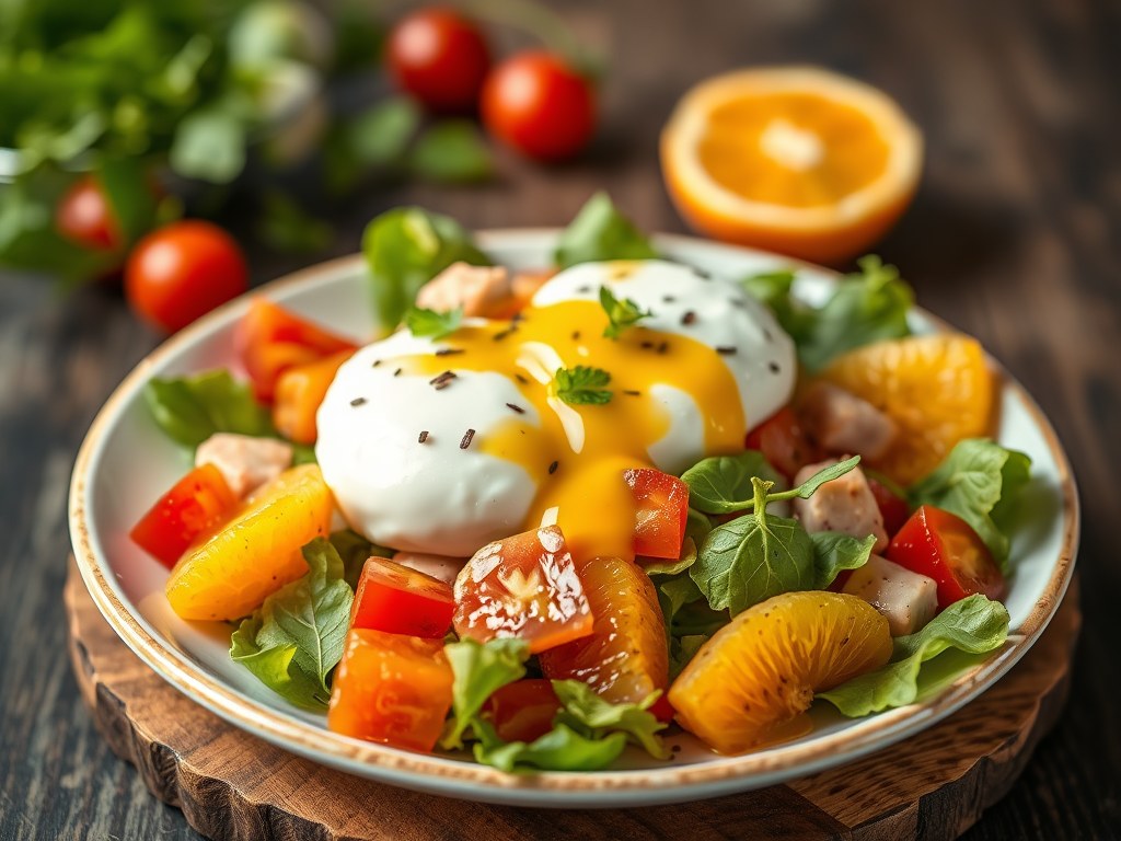 Salade met burrata, vijgen, Parmaham en sinaasappelsdressing, AI-gegenereerde illustratie