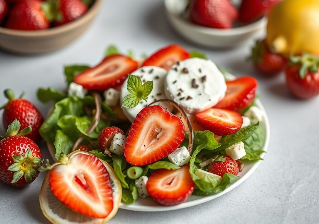 Salade met gemarineerde aardbeien en brie, AI-gegenereerde illustratie
