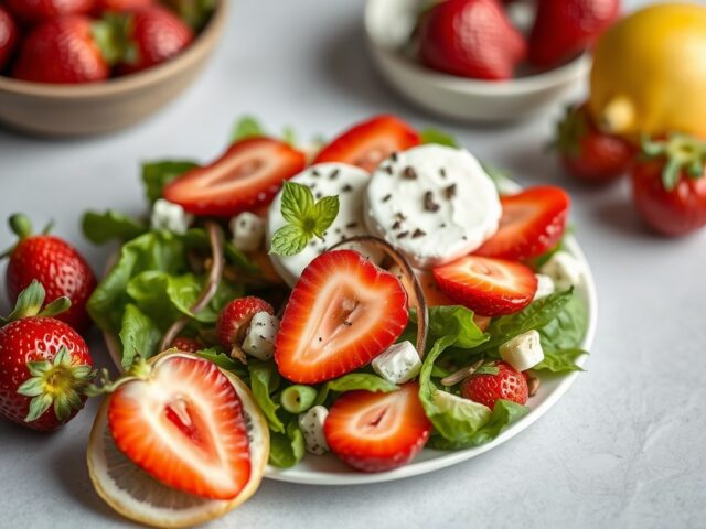 Salade met gemarineerde aardbeien en brie — AI-gegenereerde illustratie