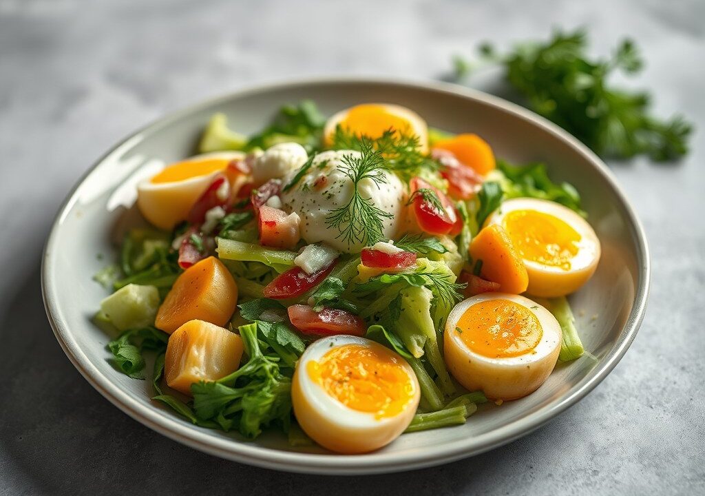 Salade met krielaardappeltjes en omeletreepjes — AI-gegenereerde illustratie