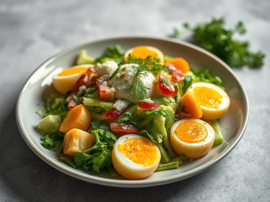 Salade met krielaardappeltjes en omeletreepjes, AI-gegenereerde illustratie