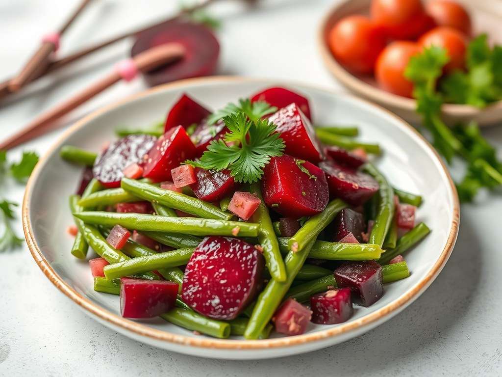 Salade met lopend eitje, sperziebonen, rode biet, peterselie, AI-gegenereerde illustratie