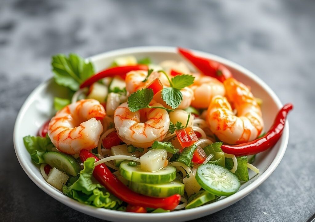 Salade met lychees en garnalen — AI-gegenereerde illustratie