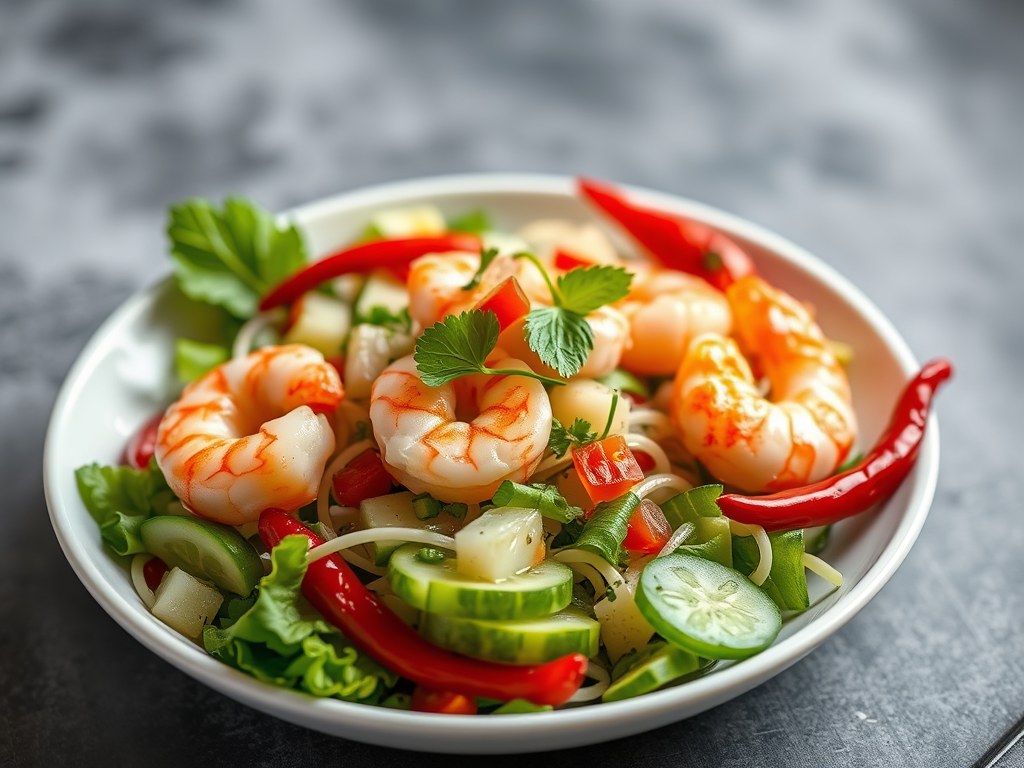 Salade met lychees en garnalen, AI-gegenereerde illustratie