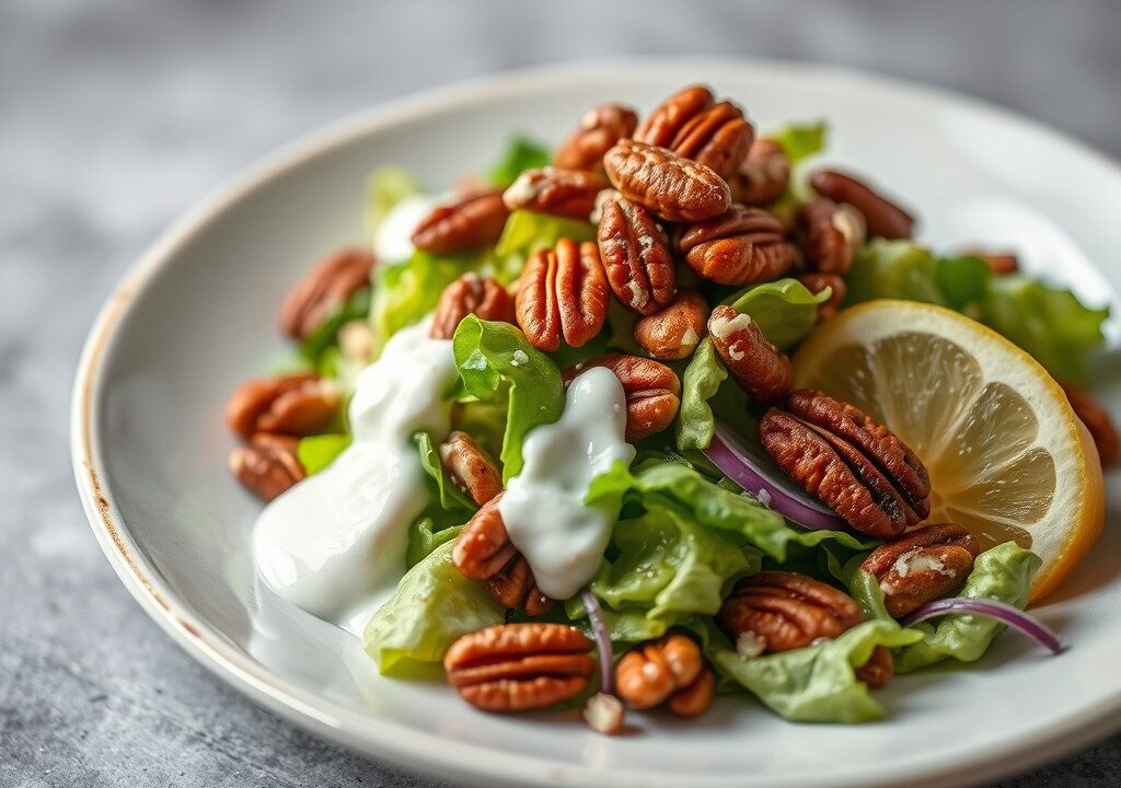 Salade met Pecannoten en een Yoghurt Dressing, AI-gegenereerde illustratie