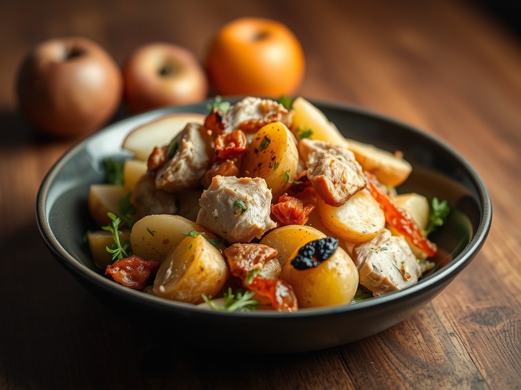 Salade van aardappelen in de schil met witloof, savooi, appel en gerookte kip, AI-gegenereerde illustratie