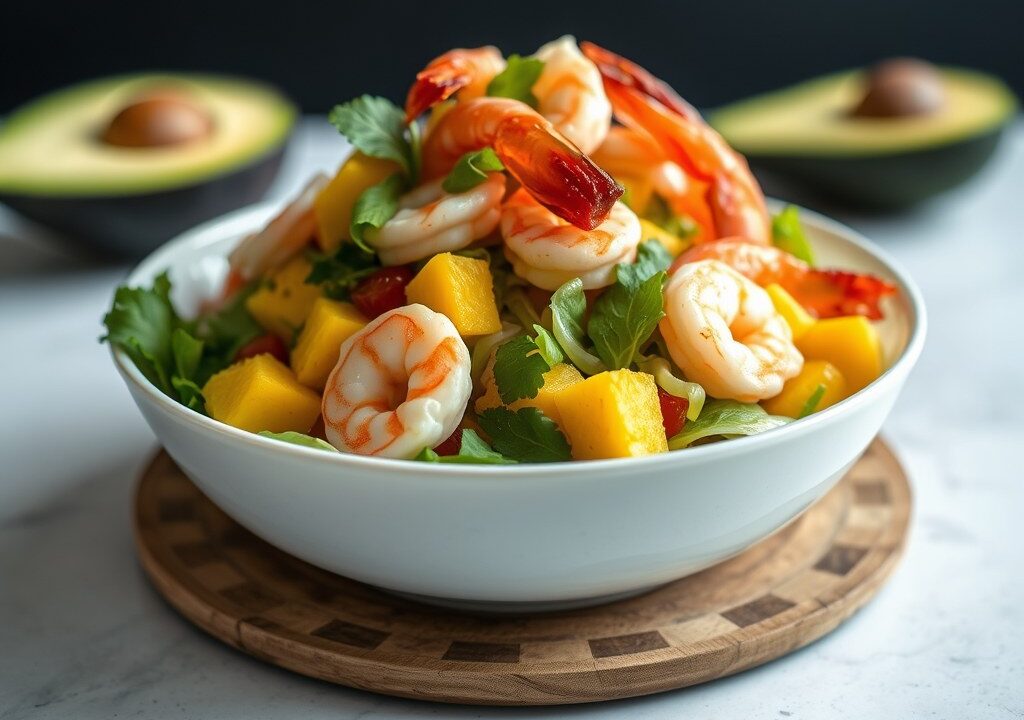 Salade van avocado, mango, garnalen en pijnboompitten, AI-gegenereerde illustratie