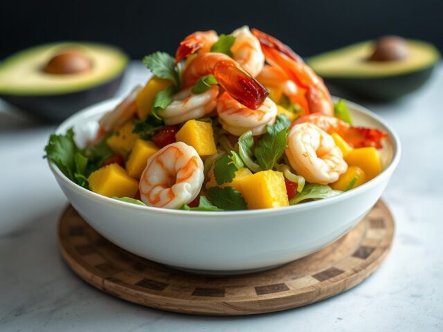Salade van avocado, mango, garnalen en pijnboompitten — AI-gegenereerde illustratie