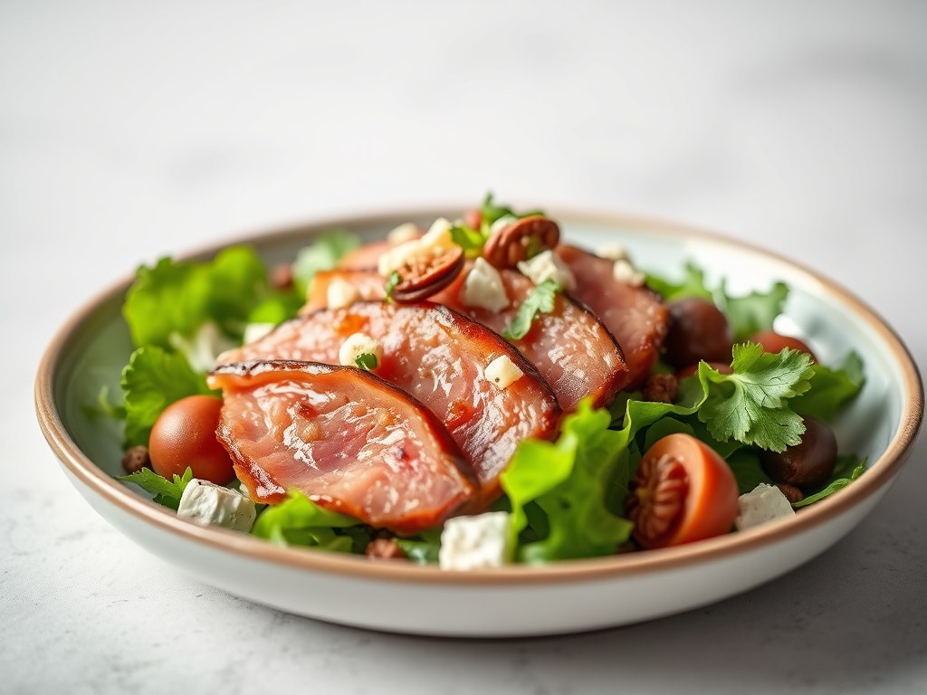 Salade van gerookte eendenfilet met peer, AI-gegenereerde illustratie