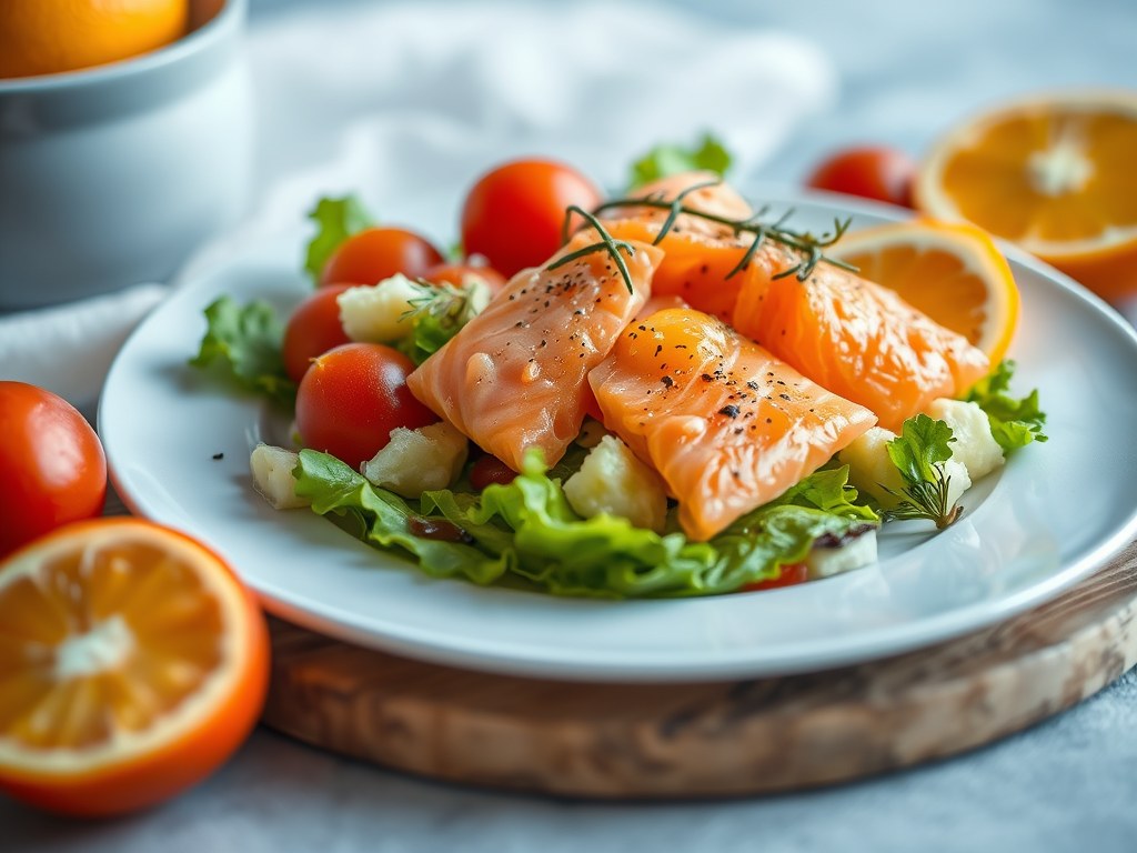 Salade van gerookte zalm met fruit, AI-gegenereerde illustratie