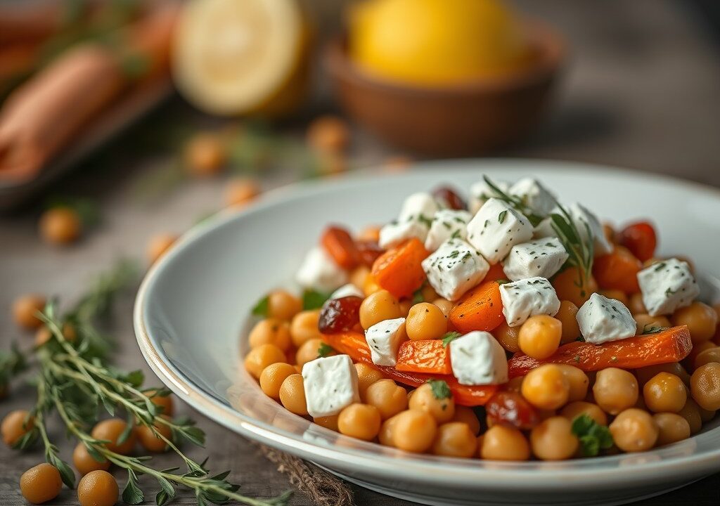 Salade van geroosterde wortels, kikkererwten en feta, AI-gegenereerde illustratie