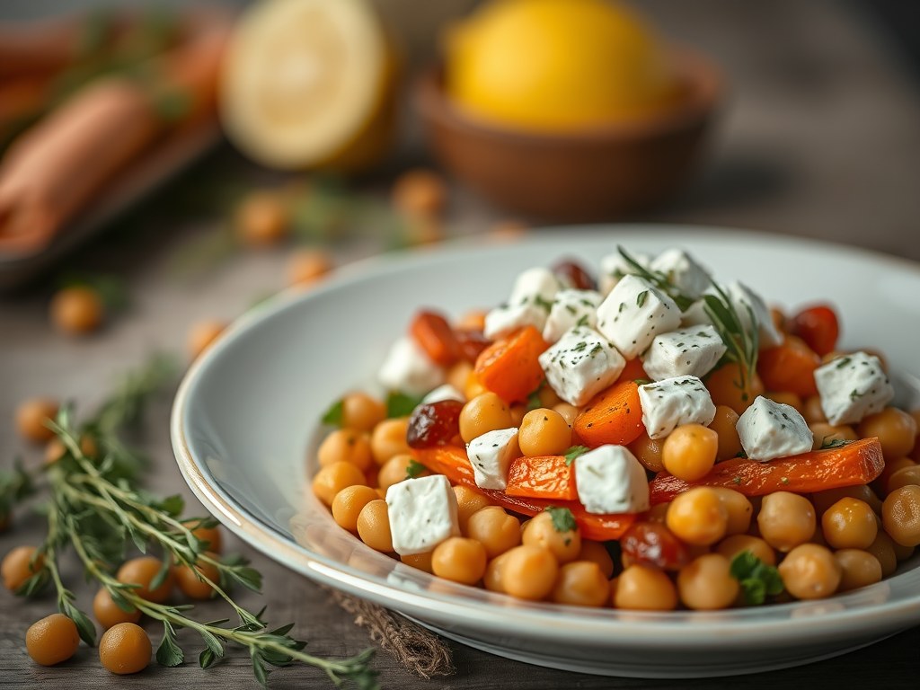 Salade van geroosterde wortels, kikkererwten en feta, AI-gegenereerde illustratie