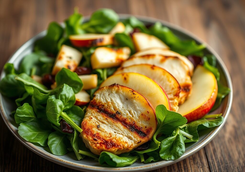 Salade van jonge spinazie met gegrilde kip en appel — AI-gegenereerde illustratie