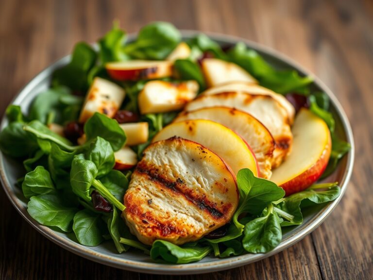 Salade van jonge spinazie met gegrilde kip en appel — AI-gegenereerde illustratie