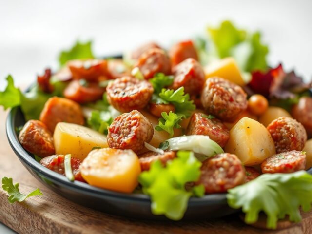 Salade van kleine aardappelen, bloedworst en witloof — AI-gegenereerde illustratie