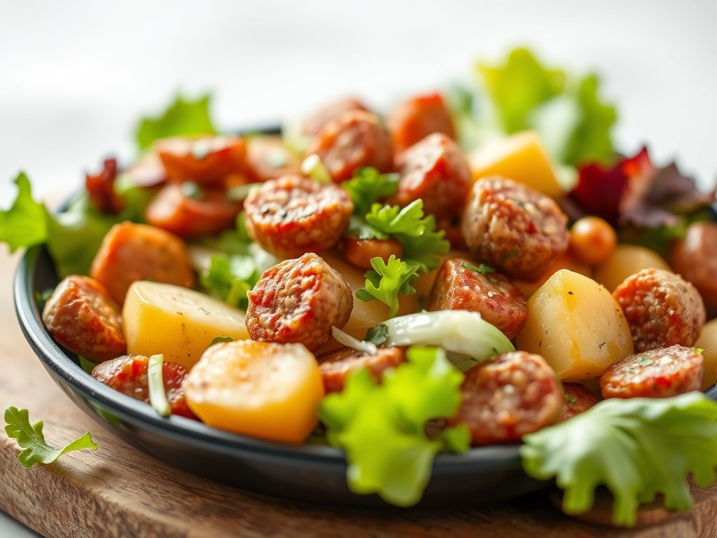 Salade van kleine aardappelen, bloedworst en witloof, AI-gegenereerde illustratie