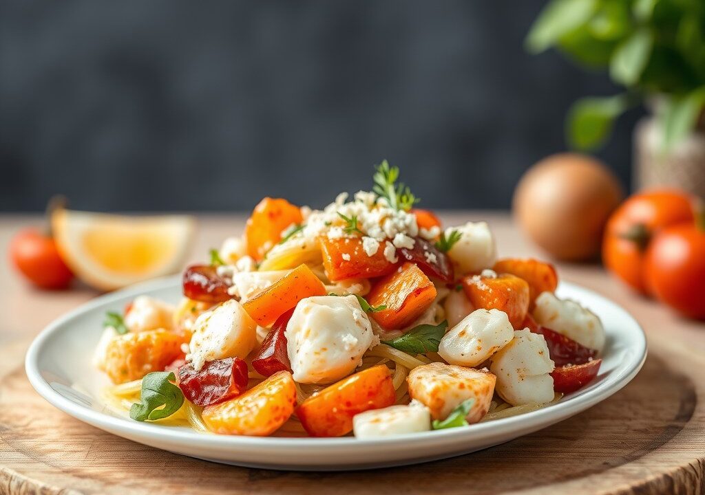 Salade van krab met mandarijntjes, gedroogde chorizo en vanilledressing — AI-gegenereerde illustratie