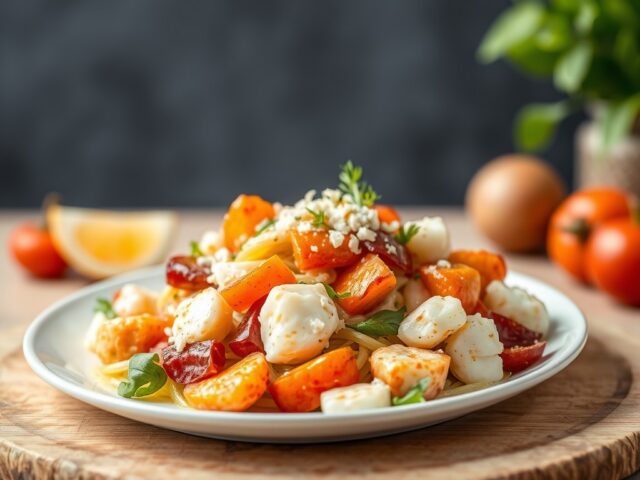 Salade van krab met mandarijntjes, gedroogde chorizo en vanilledressing — AI-gegenereerde illustratie