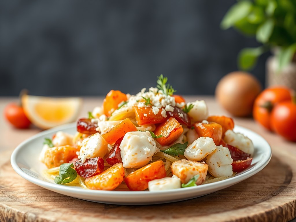 Salade van krab met mandarijntjes, gedroogde chorizo en vanilledressing, AI-gegenereerde illustratie