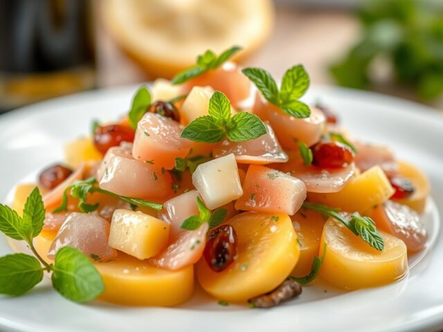 Salade van meloen en pompelmoes met ham en champagnegelei — AI-gegenereerde illustratie