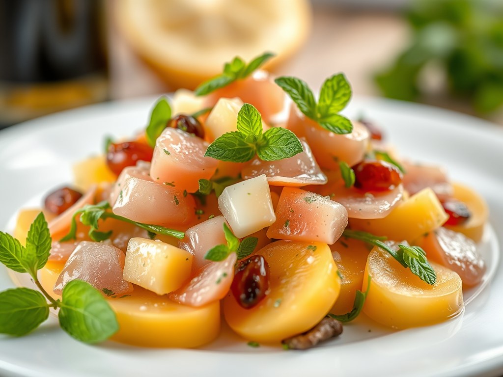 Salade van meloen en pompelmoes met ham en champagnegelei, AI-gegenereerde illustratie