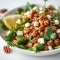 Salade van rode quinoa, witte druiven, pecannoten en Parmezaanse kaas, salievinaigrette