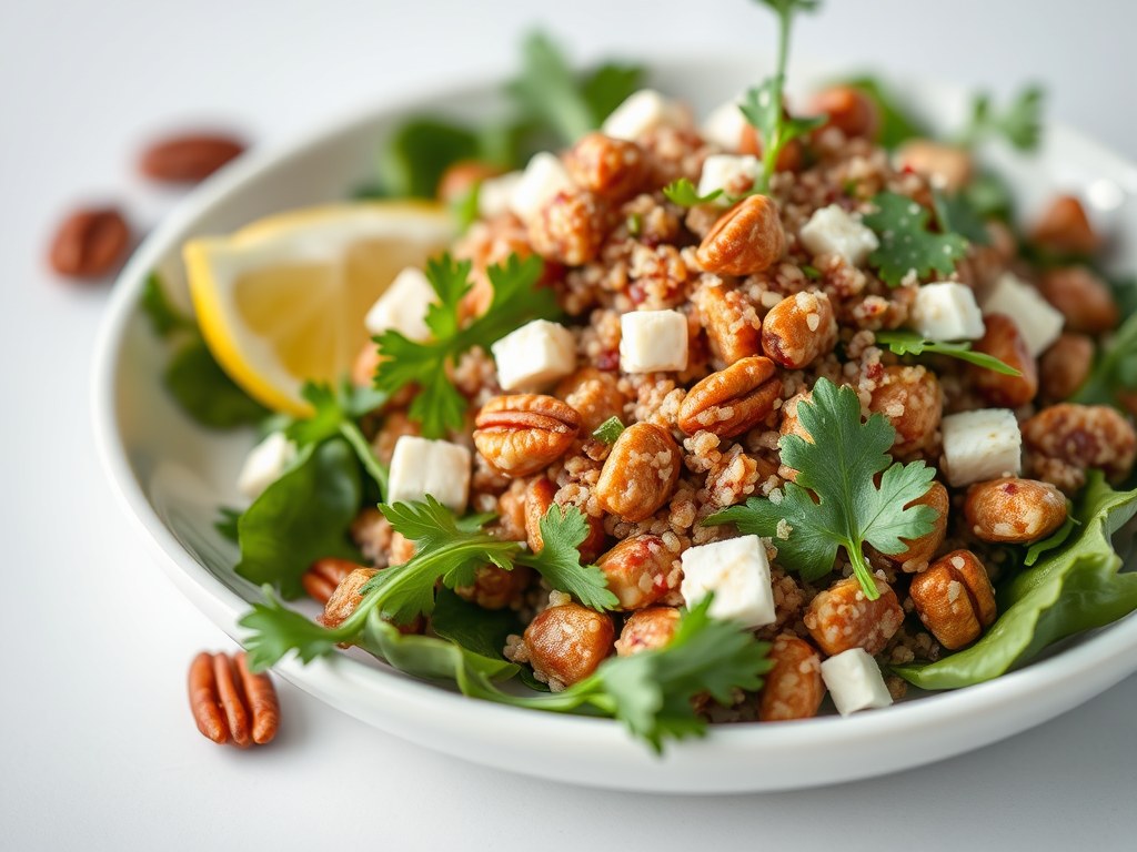Salade van rode quinoa, witte druiven, pecannoten en Parmezaanse kaas, salievinaigrette, AI-gegenereerde illustratie