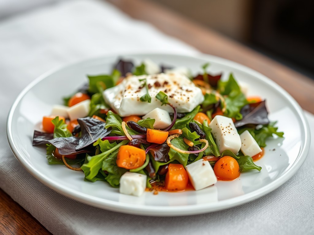 Salade van vijgen en warme geitenkaas, AI-gegenereerde illustratie