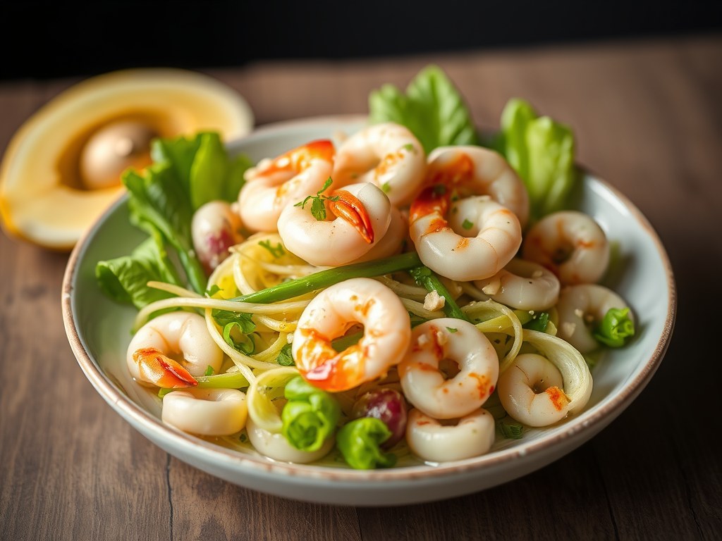 Salade van witte asperges met veldsla en scampi’s, AI-gegenereerde illustratie